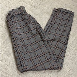 High waist belted plaid trouser pants